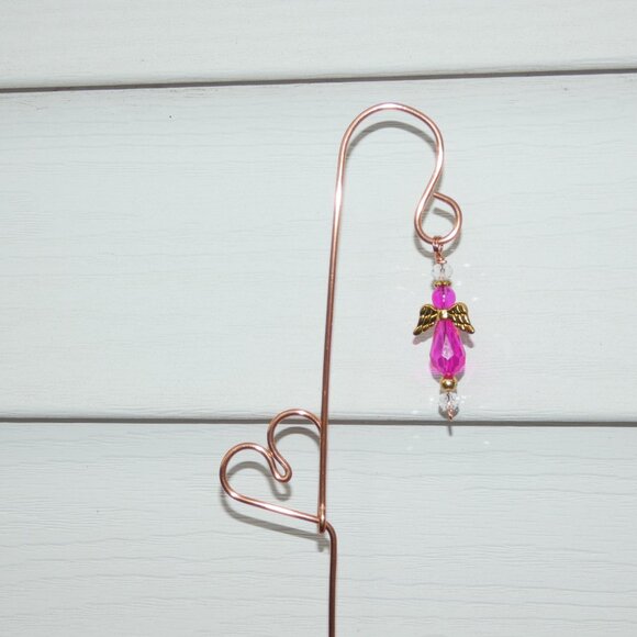 Copper Heart Plant Stake, Indoor or Outdoor Yard Art Pink Angel Embellishment - Picture 8 of 9
